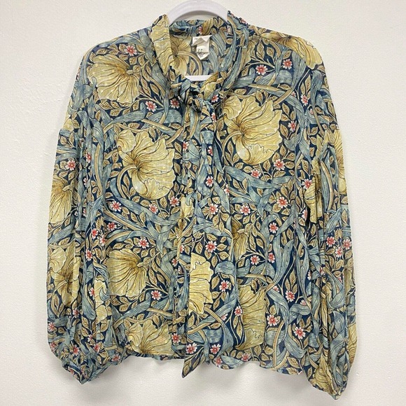 Morris & Co X H&M womens Size 6 Floral Button Up Blouse Puff Sleeve Front Tie - Picture 1 of 11